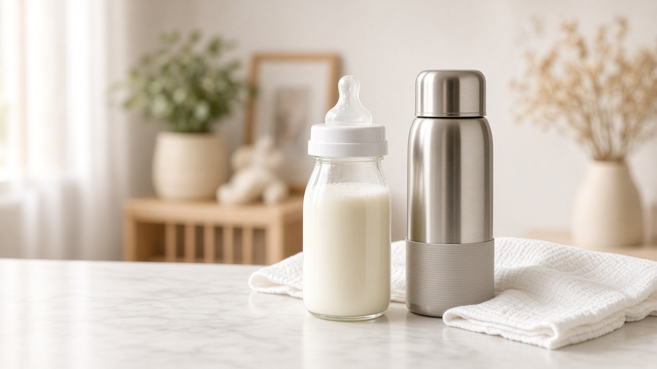 Glass baby bottle with milk next to a stainless steel baby bottle on a counter