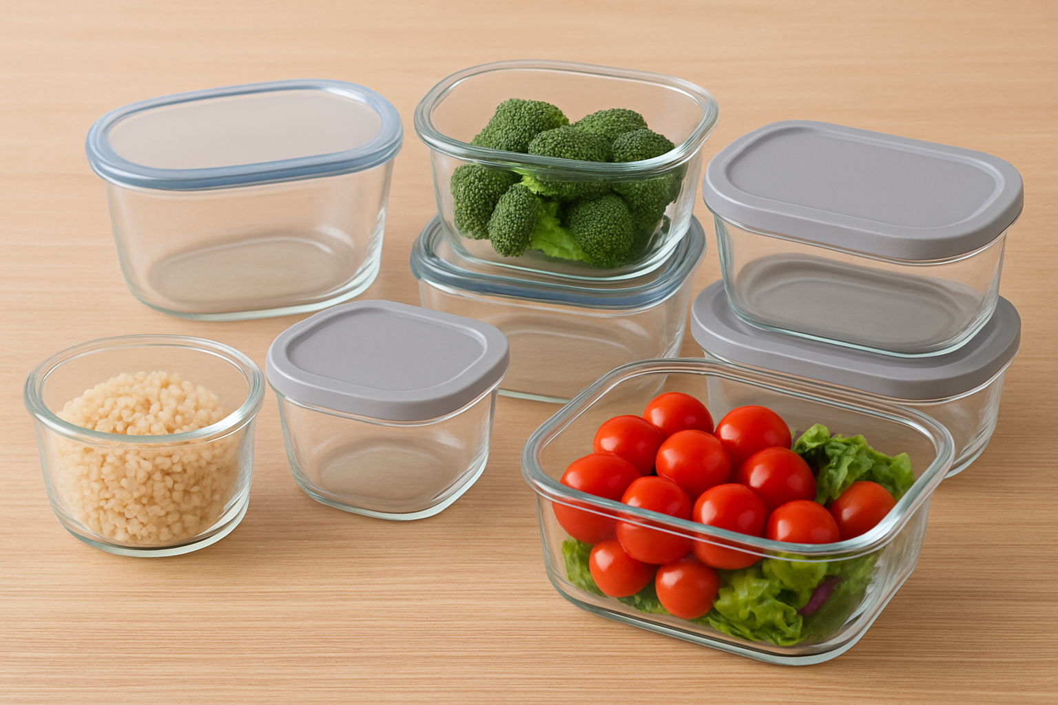 A collection of glass storage containers with fresh vegetables.