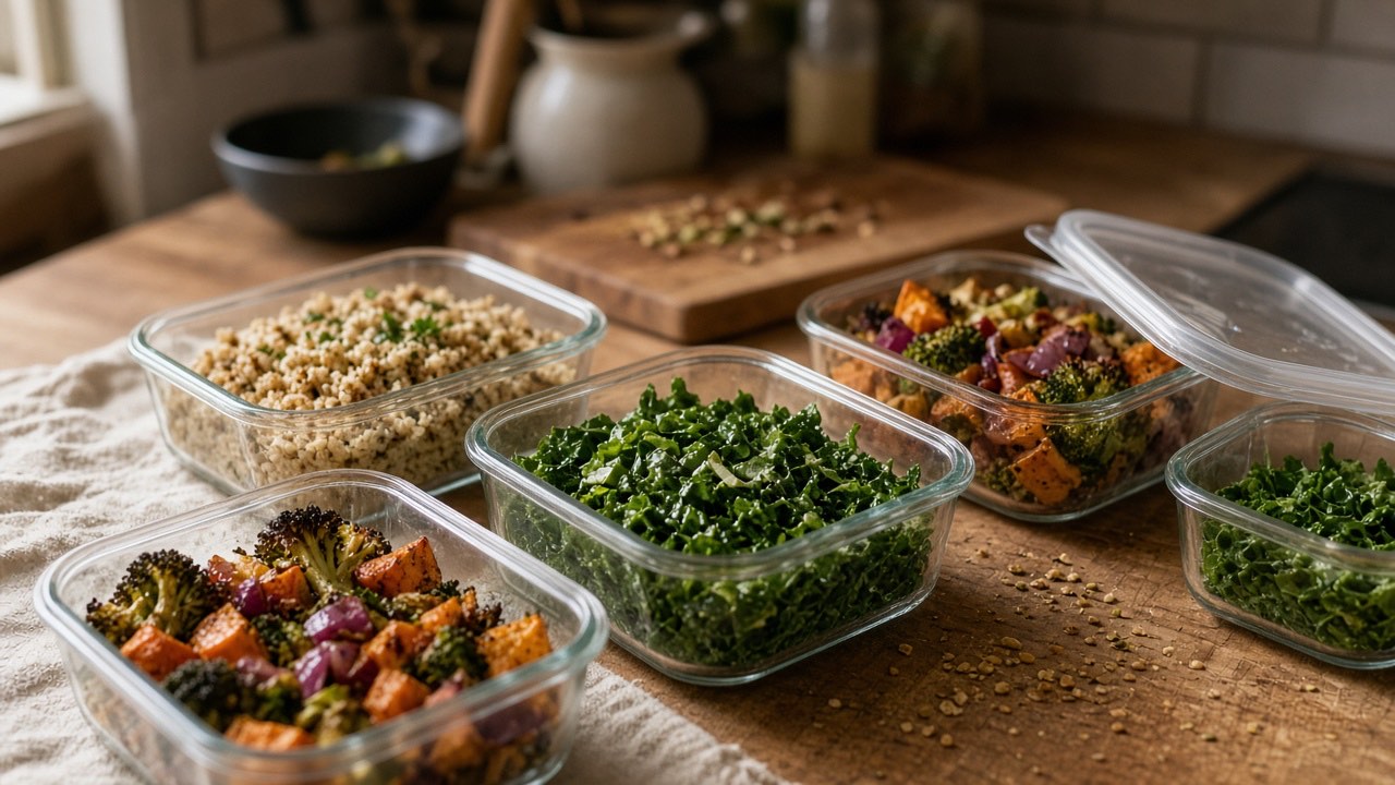 Glass storage containers filled with fresh vegetables on a kitchen counter