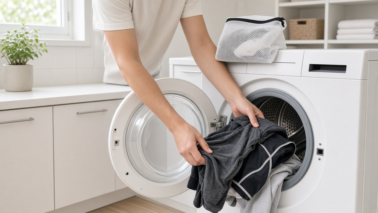 Synthetic clothing being loaded into a front-loading washing machine with a mesh wash bag