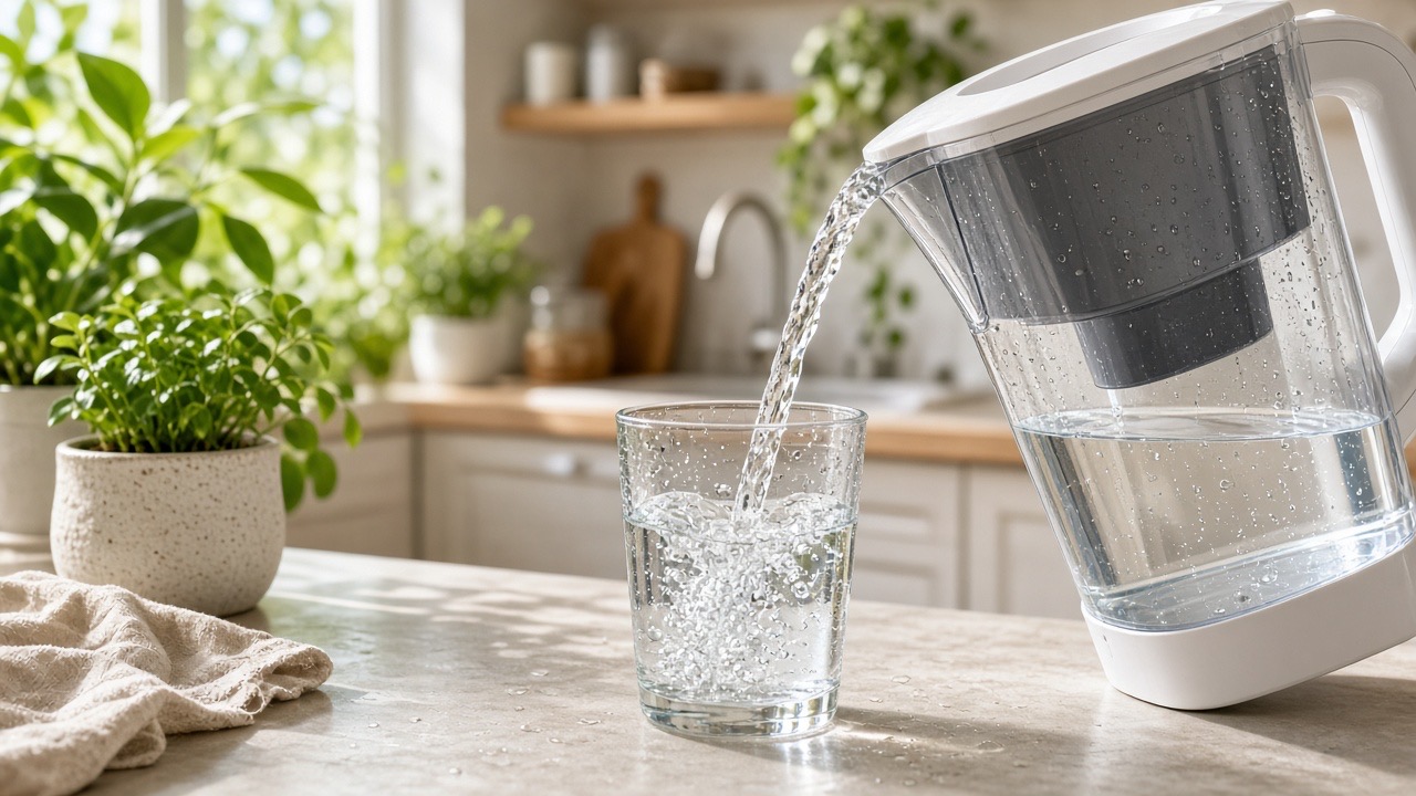 Clear glass of filtered water being filled in a bright kitchen