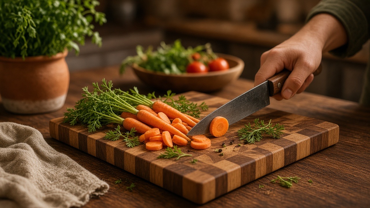 Chef's knife slicing vegetables on a walnut end-grain cutting board