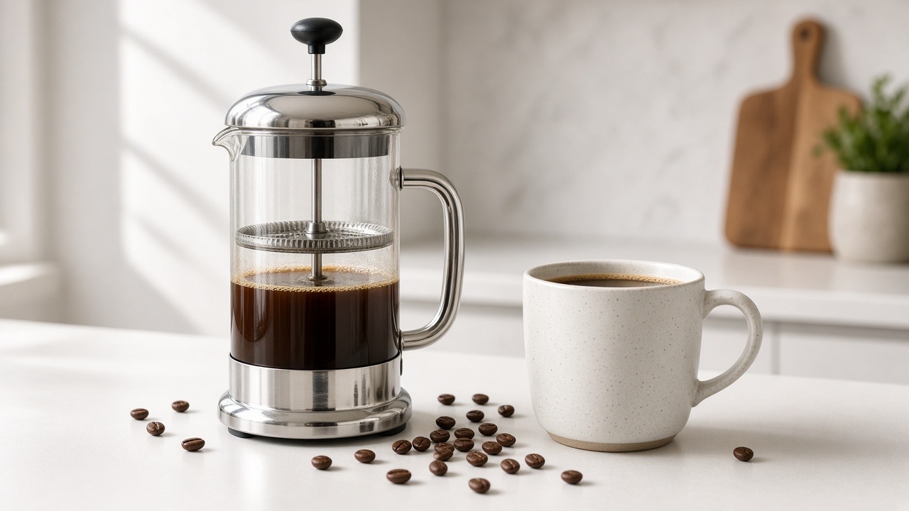 Glass and steel French press beside a ceramic coffee mug