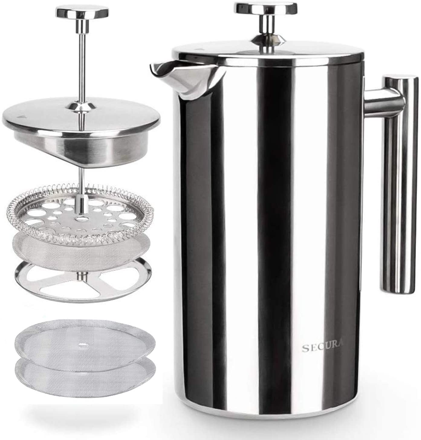Secura SFP-34DS silver 34 oz French press with plunger assembly and spare mesh screens