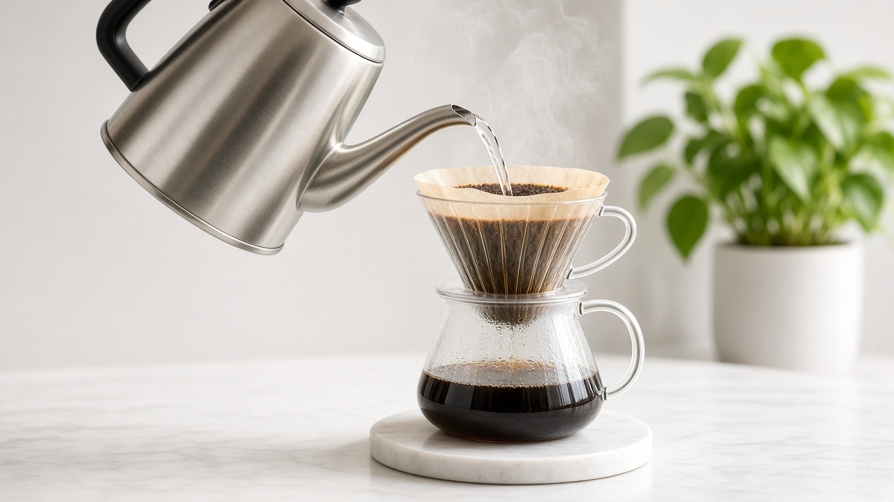 Stainless steel kettle pouring steaming water into a pour-over brewer