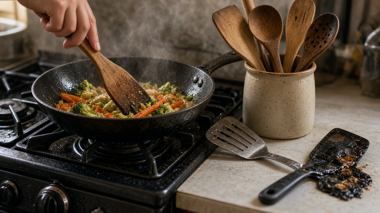 Teak wooden spatula stirring vegetables in a skillet beside a melted black plastic spatula