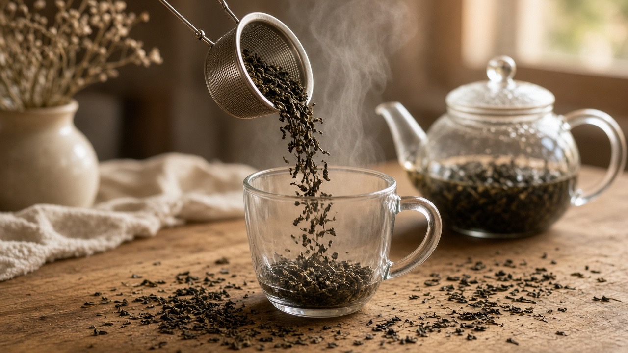 Loose leaf tea steeping in a glass mug with a stainless steel infuser