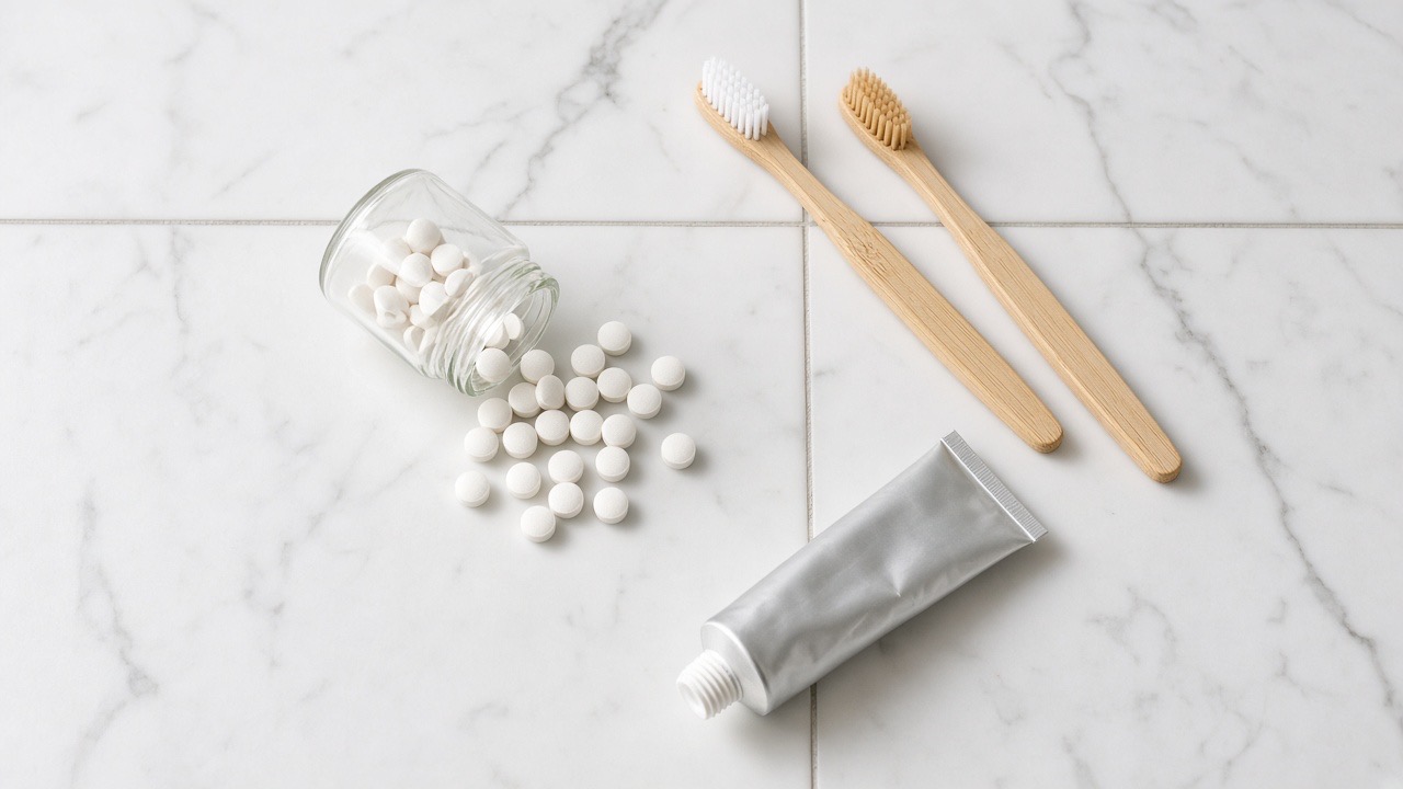 Toothpaste tablets spilling from a glass jar beside bamboo toothbrushes