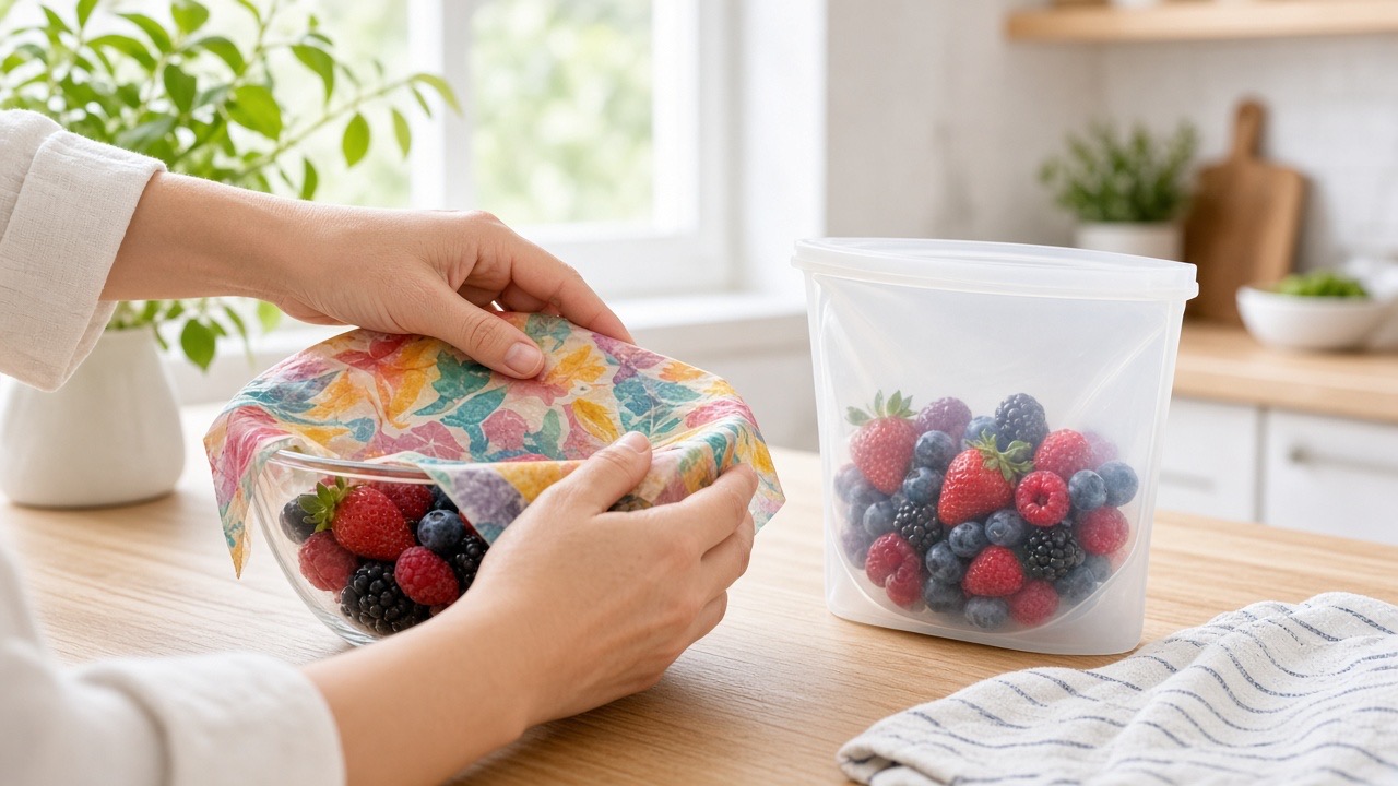 Hands molding a beeswax wrap over a glass bowl of berries beside a silicone bag