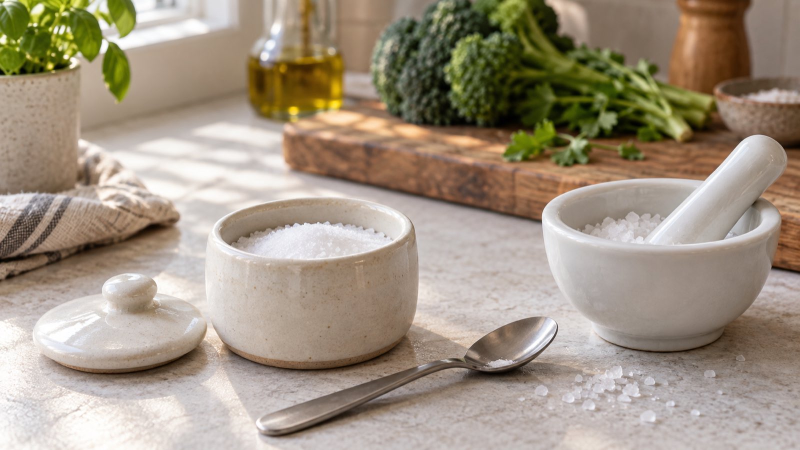 Salt cellar and porcelain mortar as alternatives to a plastic salt grinder
