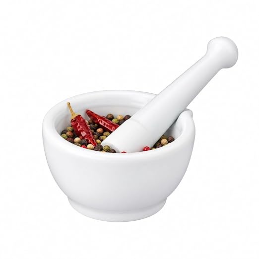 HIC Kitchen white porcelain mortar with pour spout and matching pestle