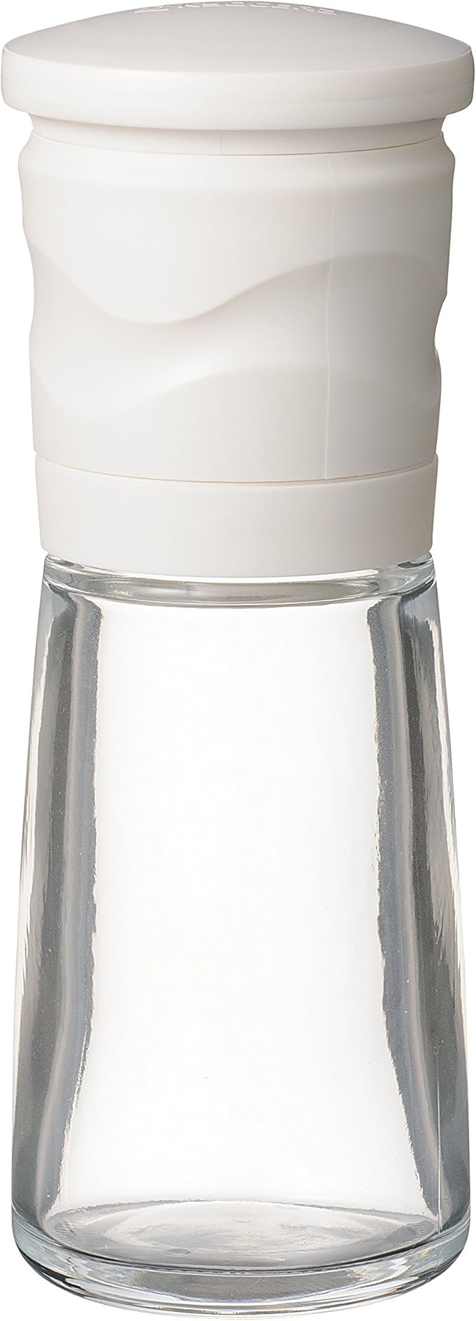 Kyocera white adjustable ceramic salt mill with a glass jar and plastic housing