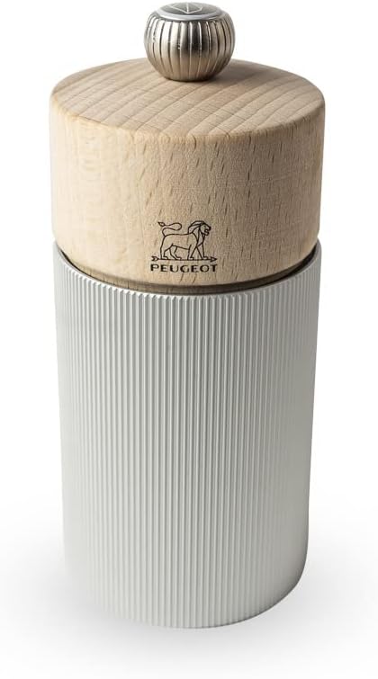 Peugeot Line Natural salt mill with a ribbed aluminum body and wooden top