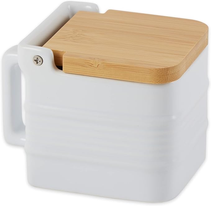 RSVP International white stoneware salt box with a hinged bamboo lid